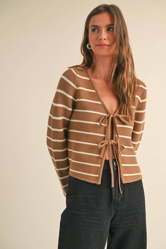 J4757   STRIPED TIED FRONT CARDIGAN: MOCHA/WHITE