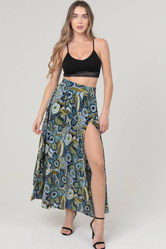 26N20-FR35 FLORAL PRINT MAXI SKIRT WITH HIGH SIDE SLIT