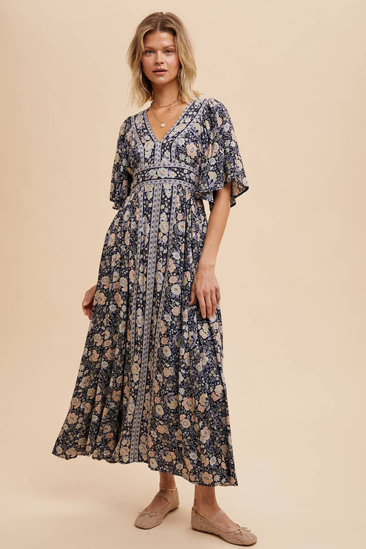 BORDER PRINT FLUTTER SLEEVE MAXI: MIDNIGHT / ILD5756