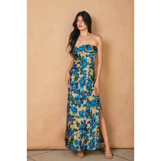 Ethereal Gardens Strapless Bias Cut Maxi Dress: BLUE JASPER / FD11771-P2183