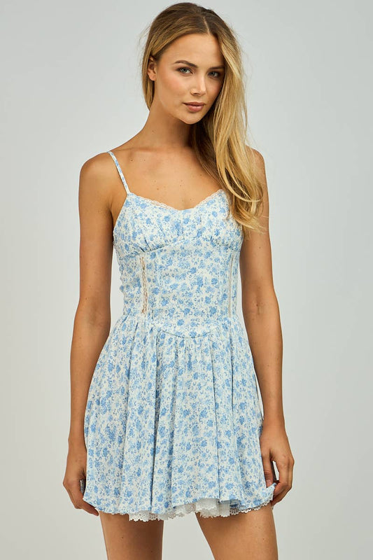 FLORAL SEE-THROUGH LACE TRIM DETAIL MINI DRESS: BL Taffy Floral / SM-D20634E
