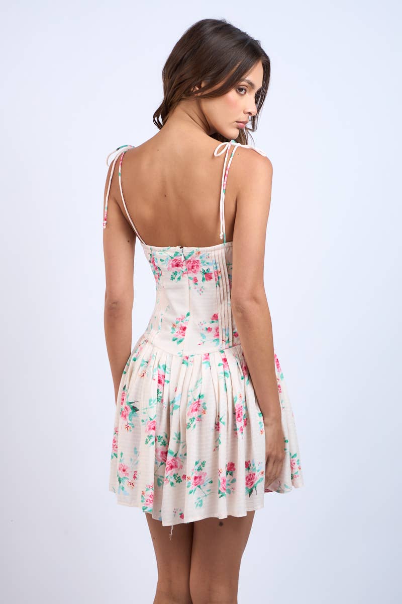 FLORAL CORSET SHAPE HOOK&EYES MINI DRESS: Vanilla Red Flower / SM-D20665C