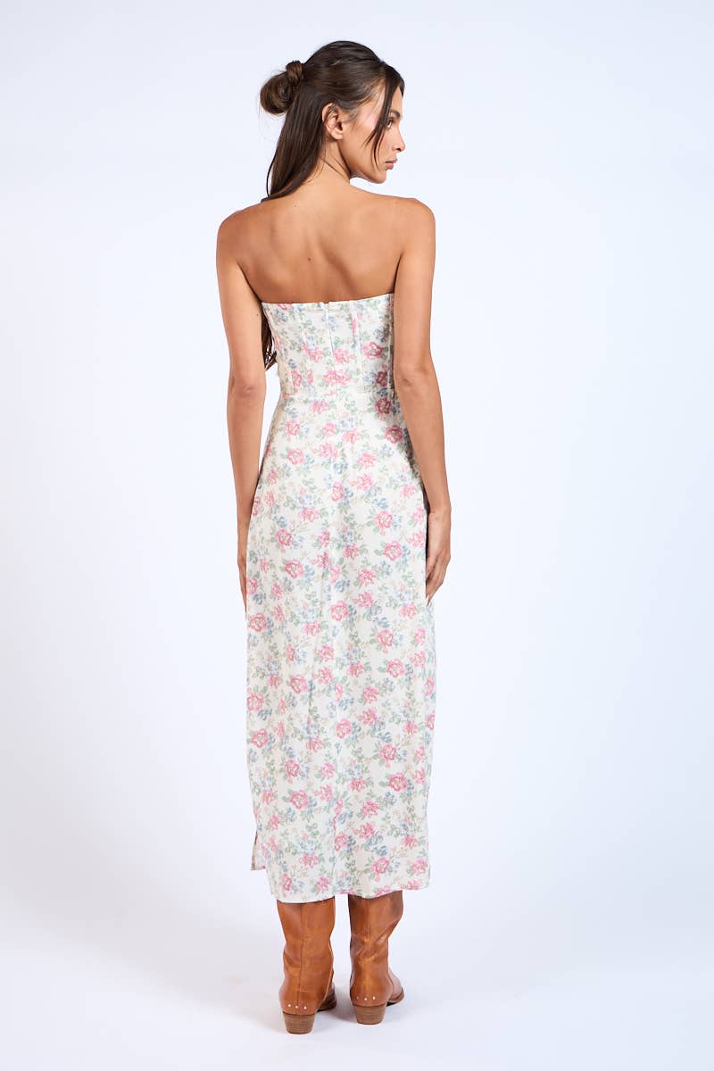 FLORAL STRAPLESS WAIST CUT OUT CORSET LONG DRESS: B/R Combo Floral / SM-D20430K