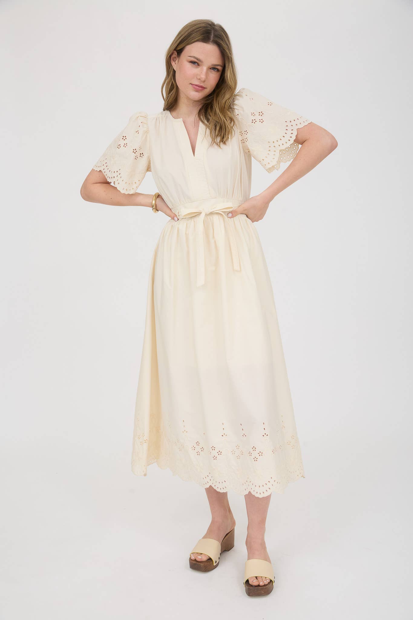 EMBROIDERY EYELET DETAIL BELTED MIDI CR2569 : CHAMPAGNE