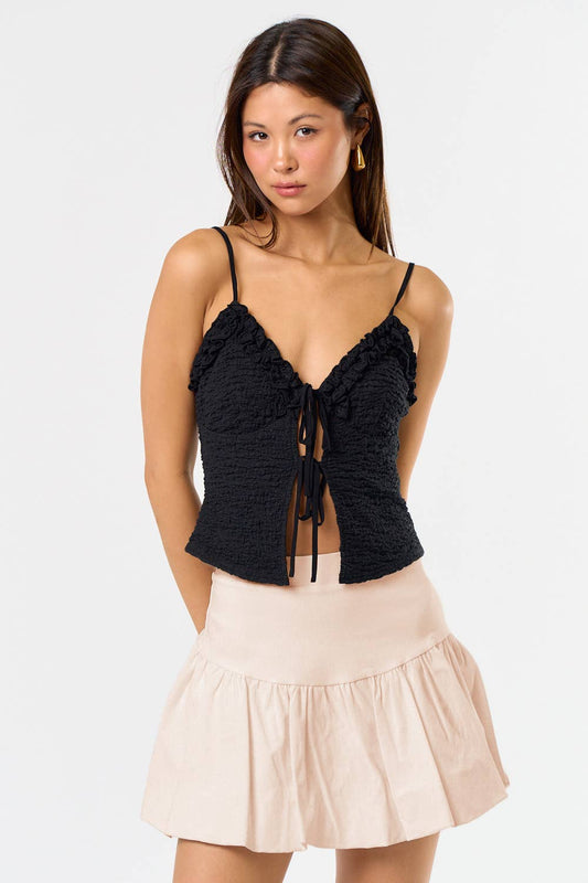IBT32203 TEXTURED TIE FRONT TANK TOP: Black