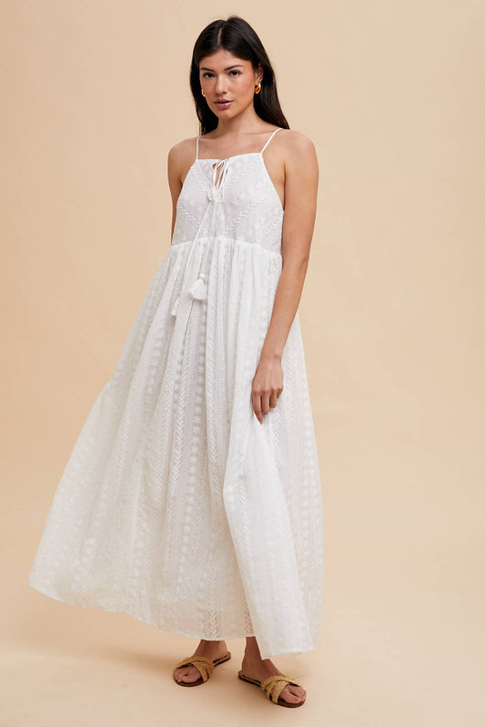 ILD5708 ALL OVER EMBROIDERED MAXI STRAP DRESS: Off-White