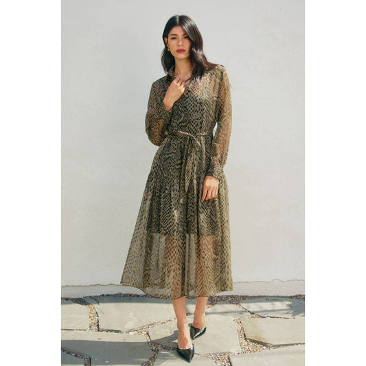 Snake Cave Collared Belt Midi Dress: OLIVE BLACK / FD12895-CP566_1