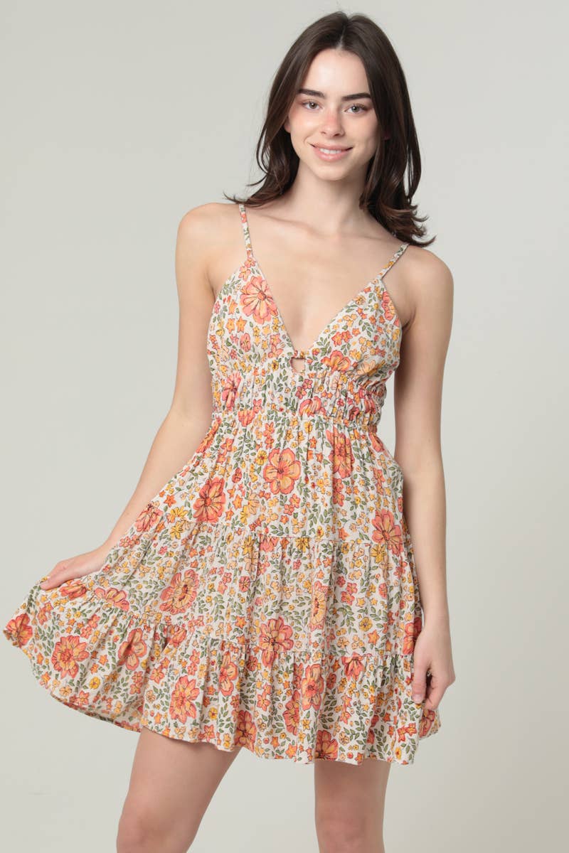F4H12-WA34 PRINTED V NECK OPEN TIE BACK SUNDRESS