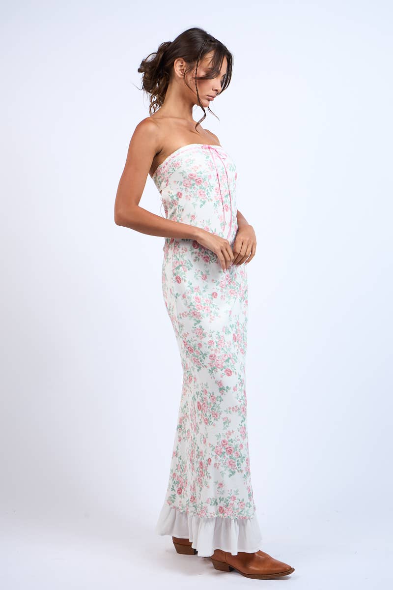 PINK FLORAL POINT RUFFLE BODYCON TUBE MAXI DRESS: Lovely Florals SM-D20749E