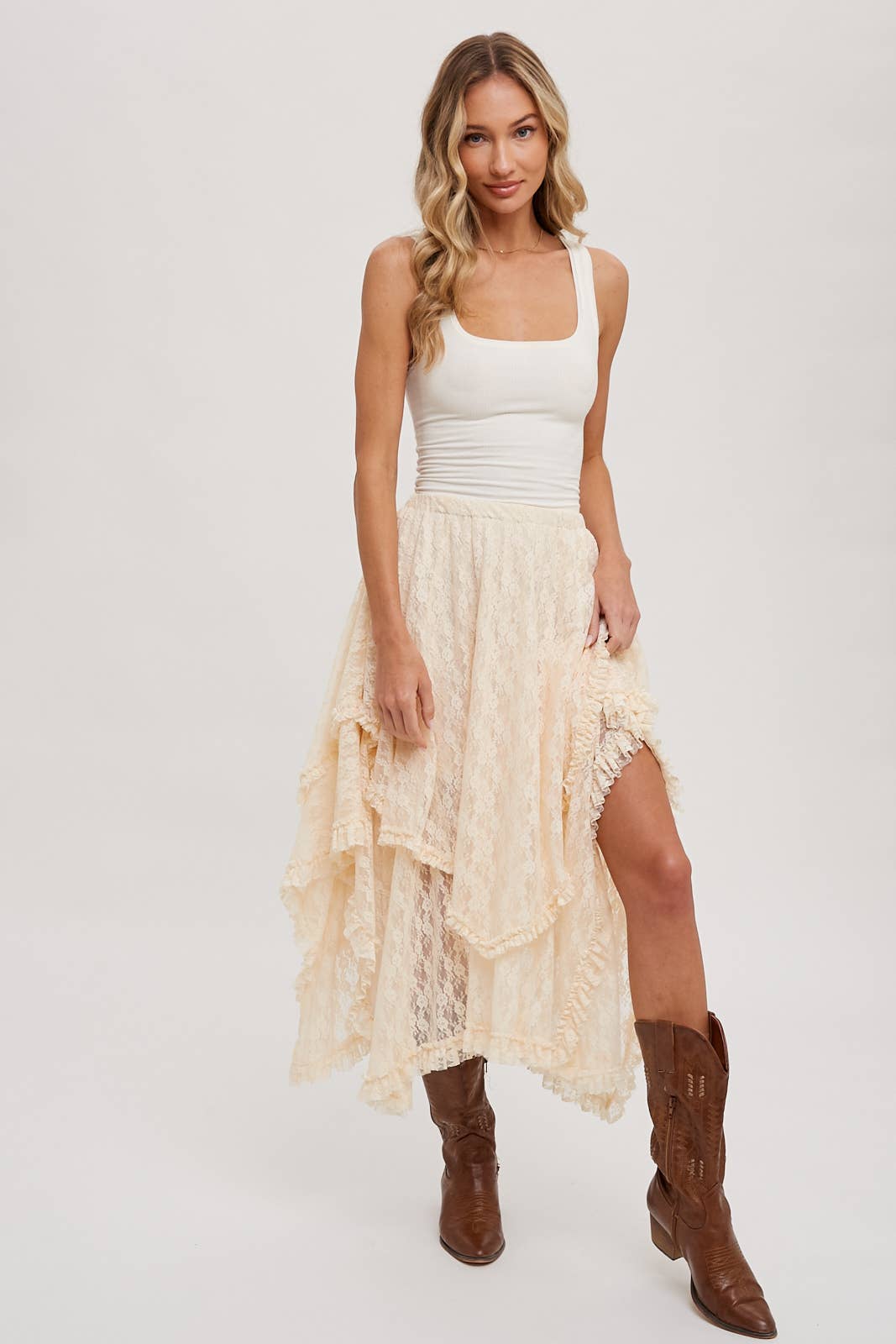 LACE TIER MIDI SKIRT: ECRU / B01619