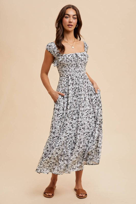SMOCKED FLORAL PRINT MAXI: Off-White / ILD6126-A