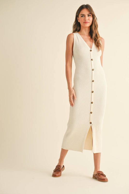 D4238   BUTTONDOWN RIBBED KNITTED LONG DRESS: White