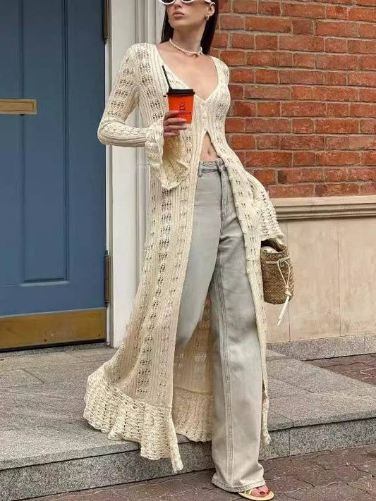 Y2K Hollow Bell Sleeves Crochet Maxi Cardigan: Apricot / RCJW03442-Apricot