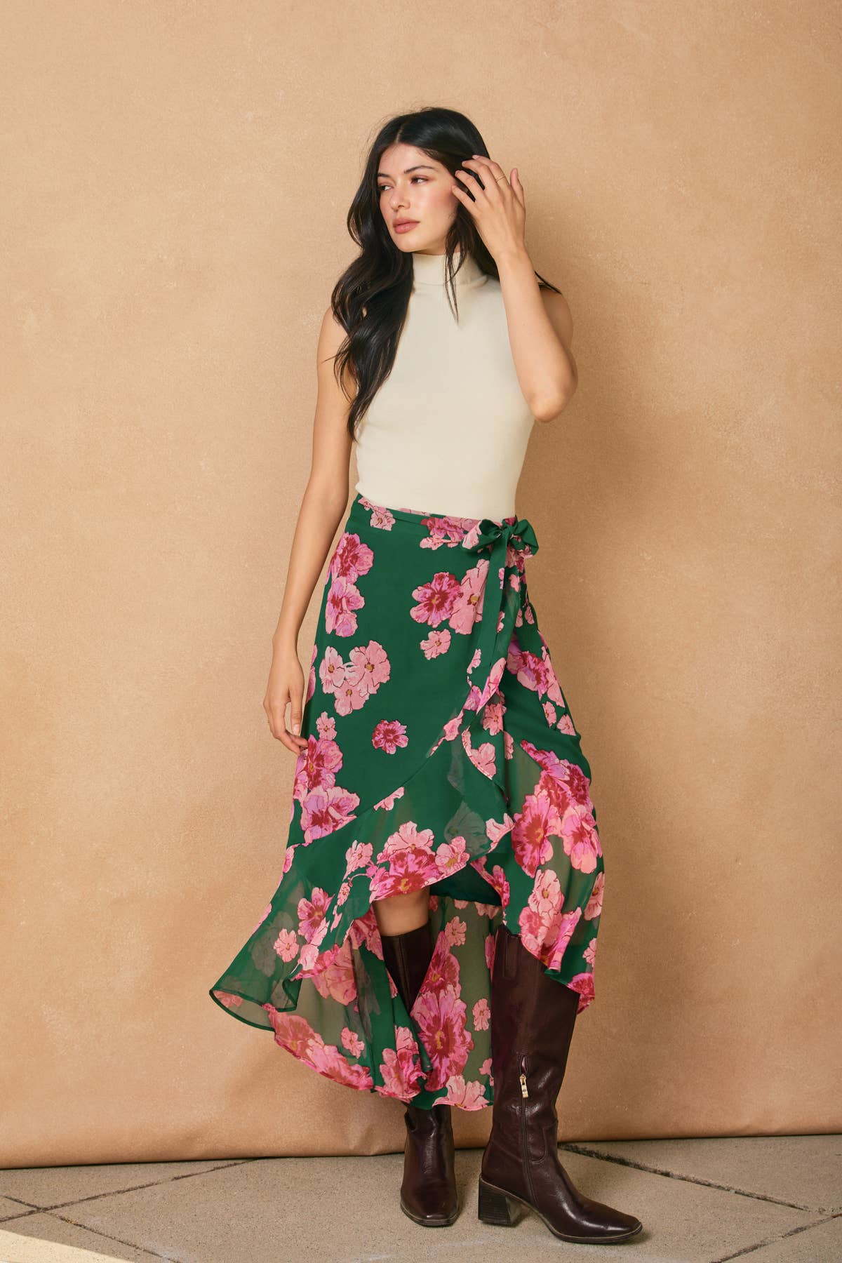 Desert Bloom Ruffled Hem Wrap Skirt: JASPER ROSE / FS11375-P2113