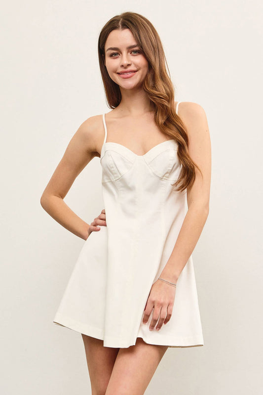 SWEETHEART NECK A LINE DENIM CAMI DRESS: White / DS0841