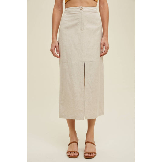 LINEN MIDI SKIRT WITH FRONT SLIT DETAIL / WL24-8822: OATMEAL
