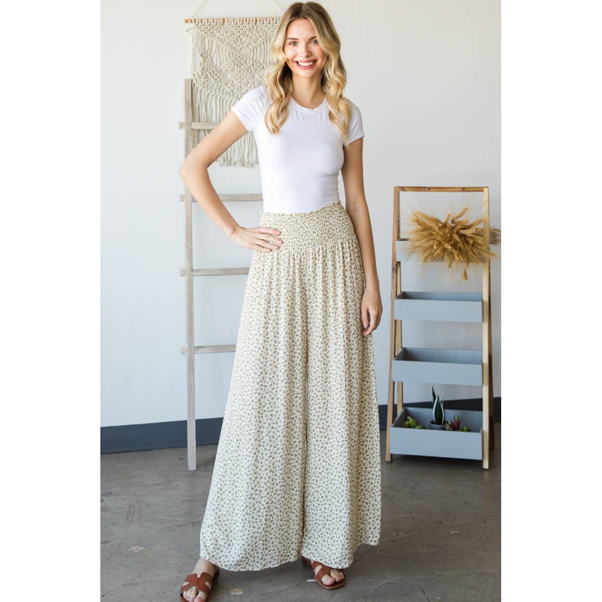 P53089E - Rayon Ditsy Floral Smocked Waist Pants: Natural
