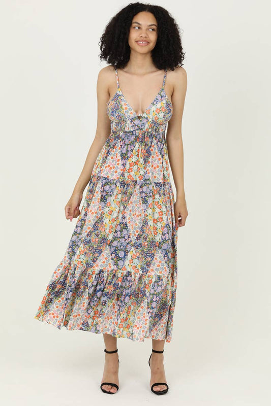 F4F72-FQ85 V NECK OPEN TIE BACK MAXI DRESS