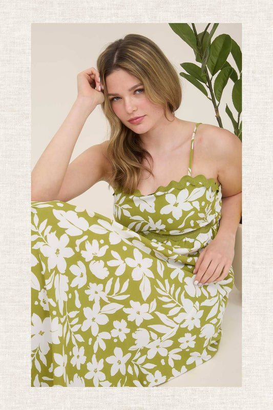 FLORAL WAVY TRIM BACK TIE MIDI DRESS: CR2562 KIWI