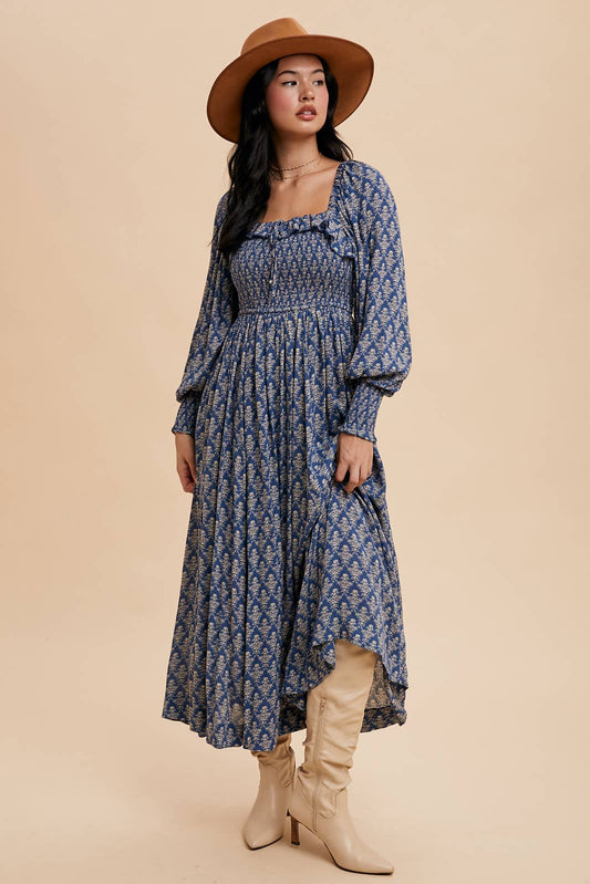 SMOCKED RUFFLED FLORAL MAXI: INDIGO / ILD5970