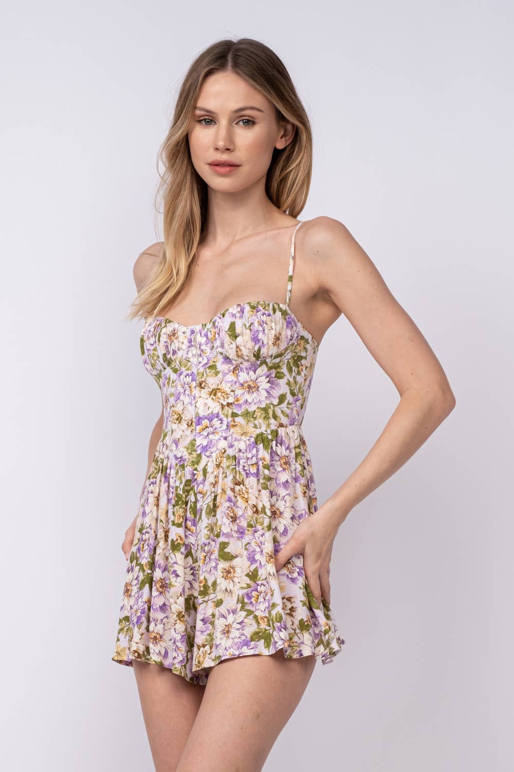 FLORAL SLEEVELESS CORSET SHAPE MINI ROMPER: Fancy Daily Blue / SM-D20361A