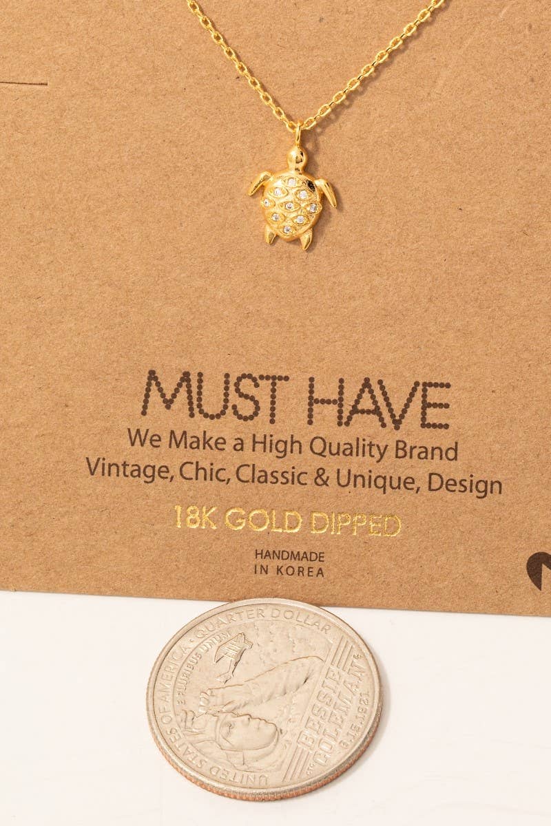 Gold Dipped Cz Studded Turtle Pendant Necklace: G
