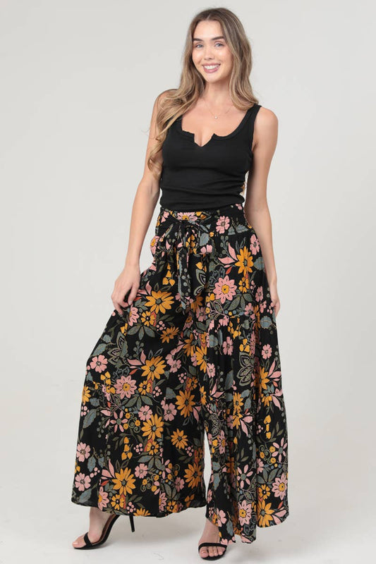 B3663-A867 WIDE LEG TIE WAIST PRINTED PANTS