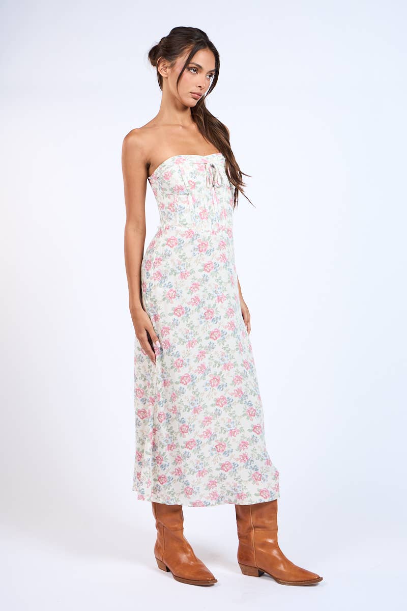 FLORAL STRAPLESS WAIST CUT OUT CORSET LONG DRESS: B/R Combo Floral / SM-D20430K