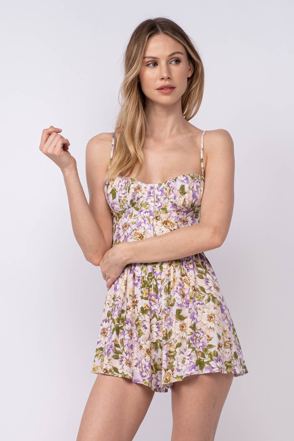 FLORAL SLEEVELESS CORSET SHAPE MINI ROMPER: Fancy Daily Blue / SM-D20361A