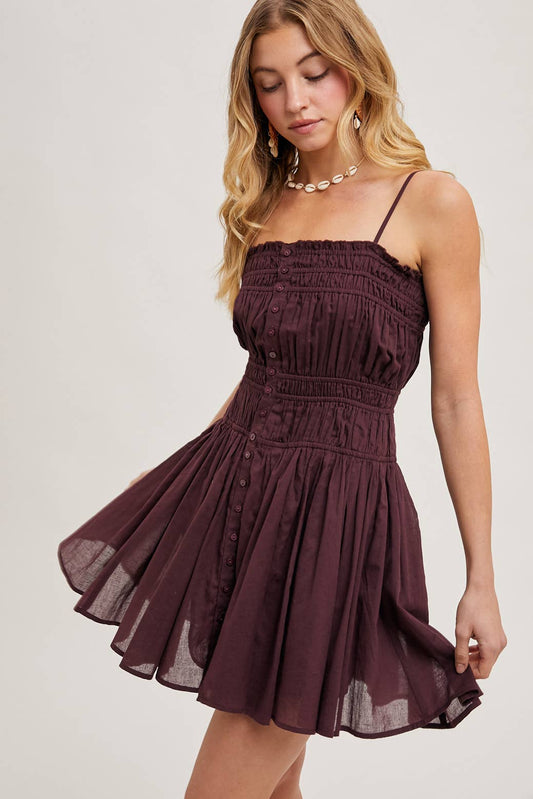 SMOCKED BUTTON DOWN SLEEVELESS MINI SLIP DRESS: PLUM / D02287