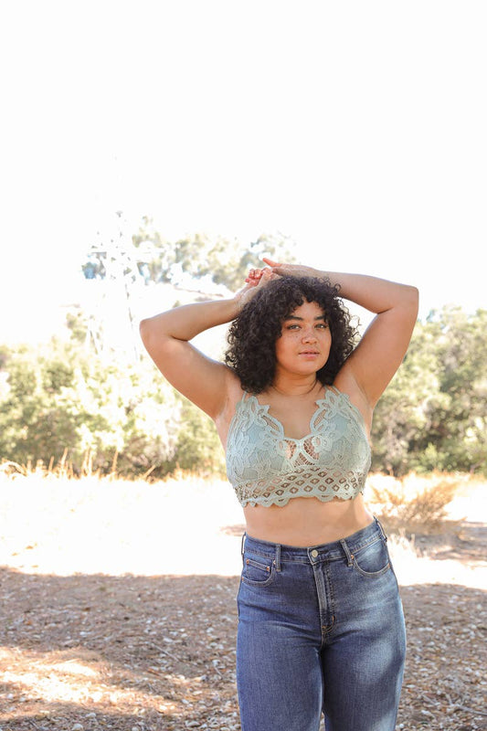 X-Large Padded Crochet Lace Longline Bralette: Sage XL