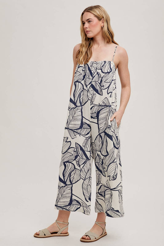 GAUZE LEAF PRINT JUMPSUIT: IVORY/NAVY/ FD66067