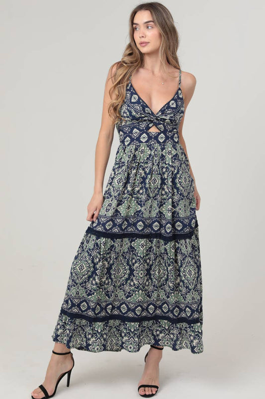 F4F48-A902 V NECK TWIST FRONT CUT OUT LACE TRIM MAXI DRESS