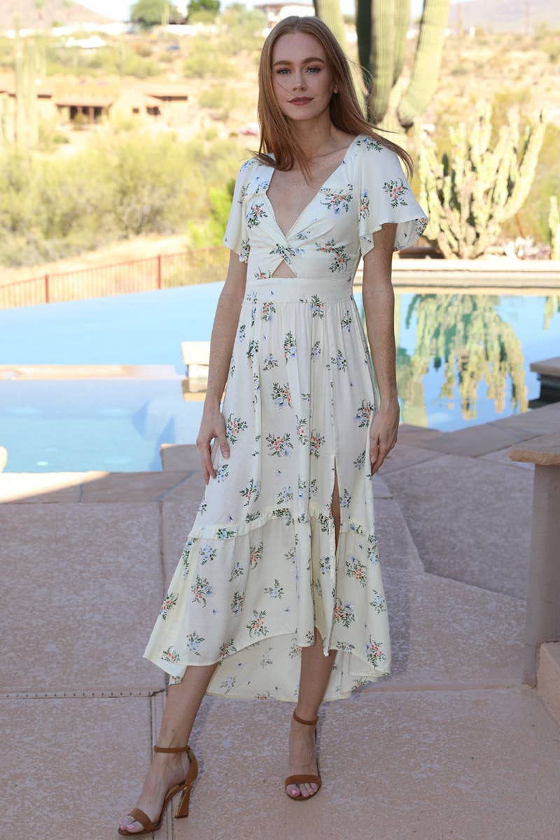 C4795-WA90 FLORAL PRINT SHORT SLEEVE TWIST FRONT CUT OUT MAX
