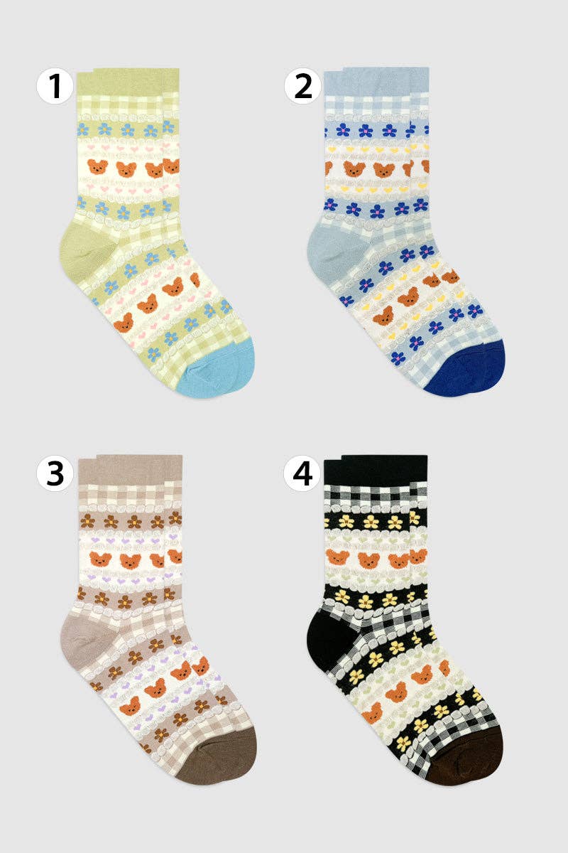 Women's Pastel Bear Crew Socks: W-L-354-4