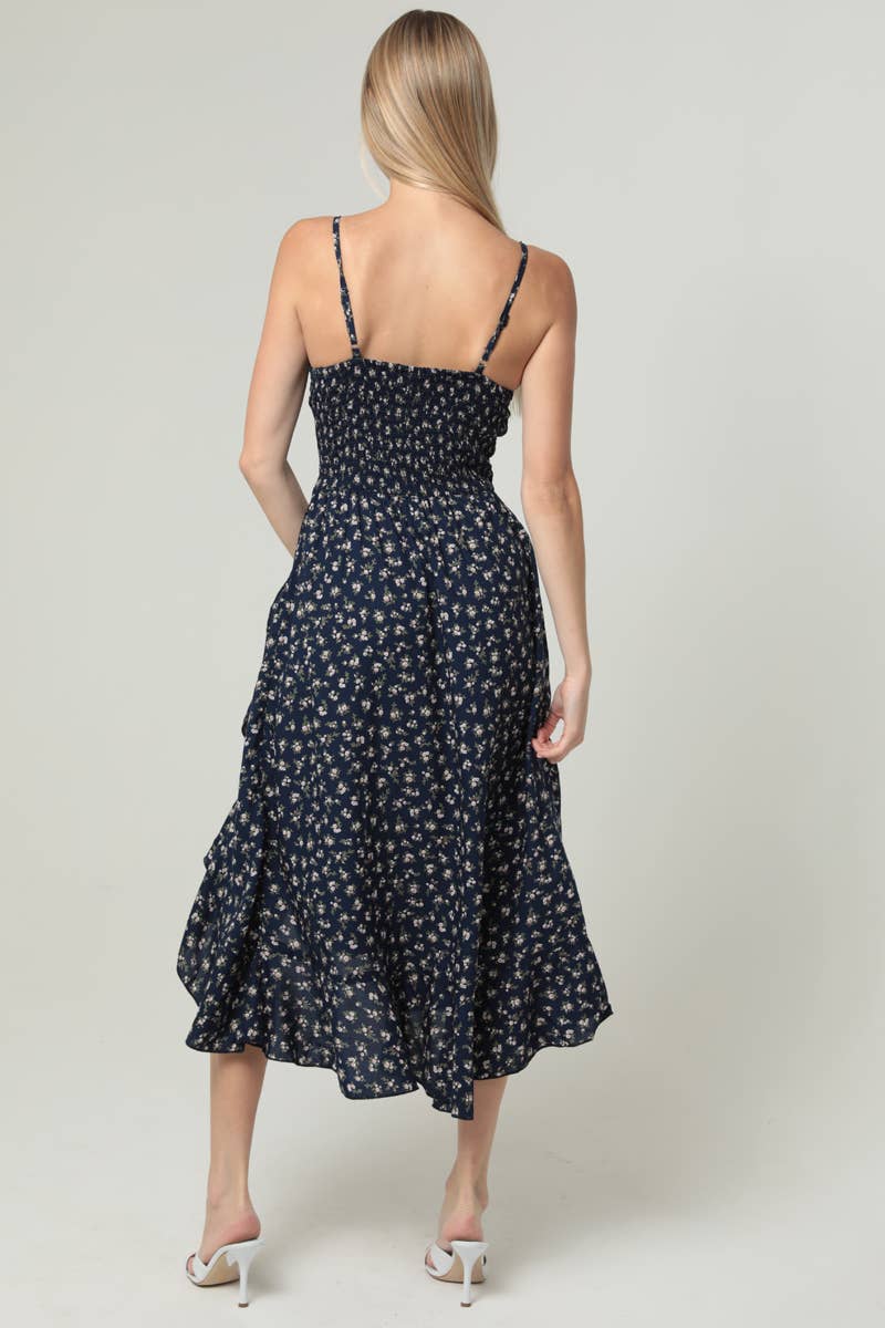 C4F25-WA92 V NECK TWIST FRONT CUT OUT SIDE SLIT RUFFLE MIDI