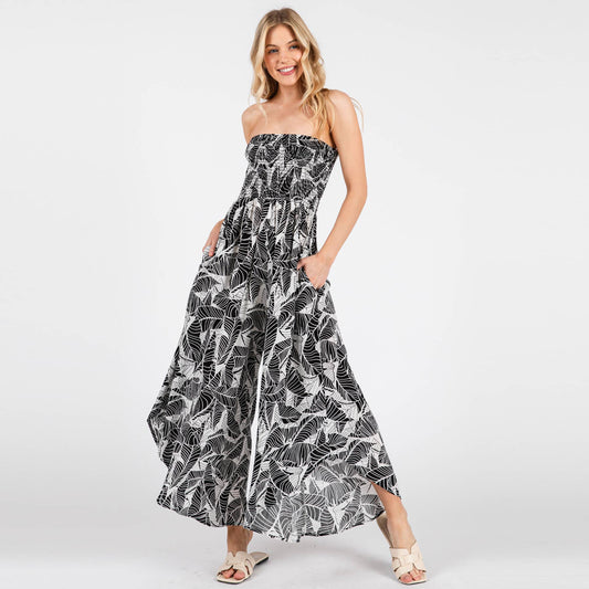 Print Smocked Detailed Off Shoulder Jumpsuit - NJU60429D: Black