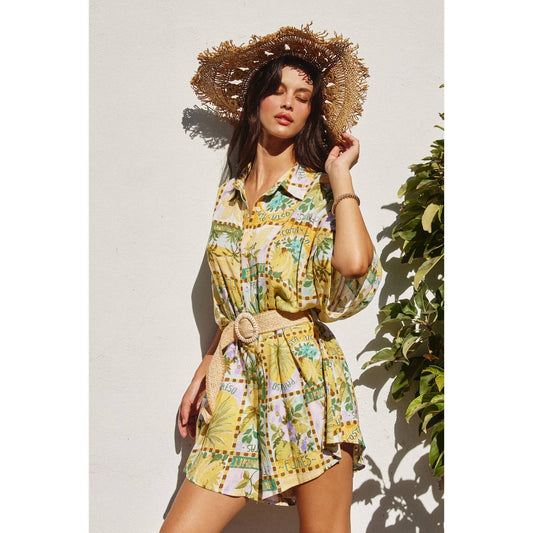 Isla Palma Button Up Rattan Belt Romper: TROPICAL SUN / FR10843-P1978