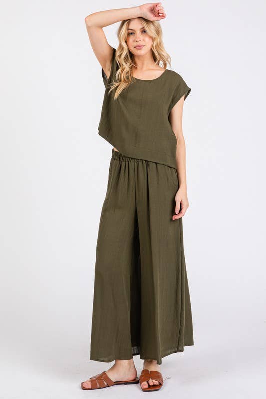 Woven Wide Leg Pull on Pants - NP16207F9: Olive