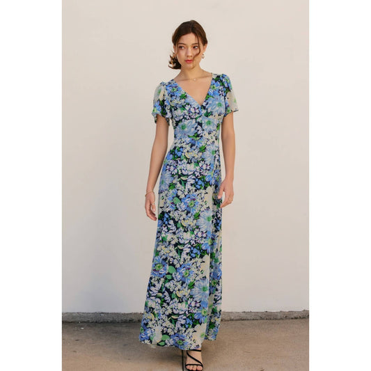 Flower Medley V Neck Flutter Sleeve Maxi Dress: NAVY PEONY / FD12607-P1933_1