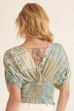 Load image into Gallery viewer, Floral-Patchwork Kimono Sleeve Smock Waist Top: Seagrass
