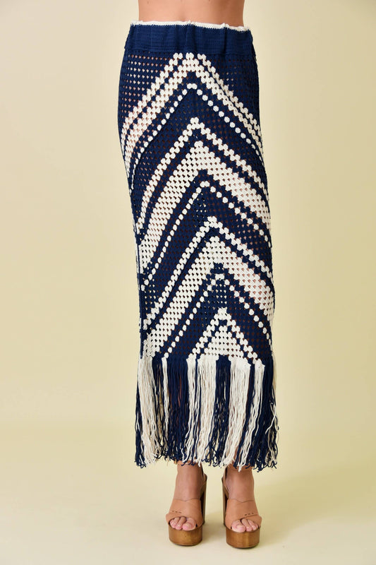 RESORT BEACH CHEVRON CROCHET FRINGED MIDI SKIRT-SI3997FO: Ivory/Navy