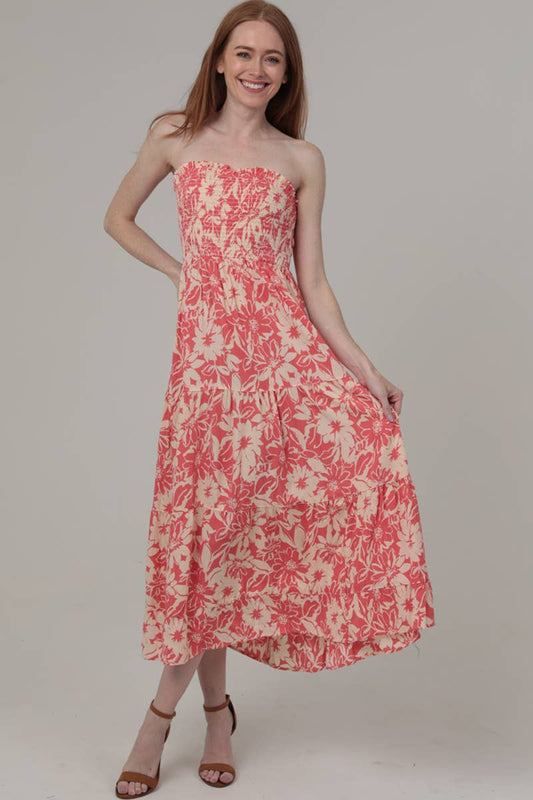 C4E68-FR34 SMOCKED BUST STRAPLESS FLORAL PRINT MIDI DRESS
