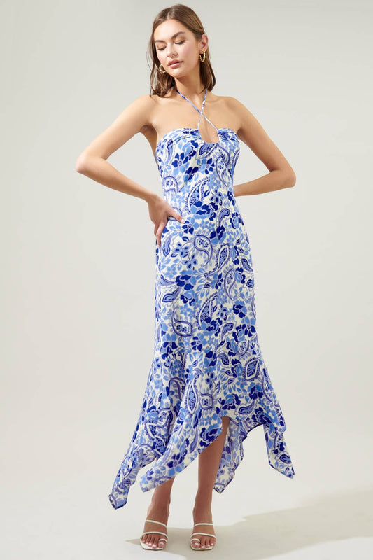Sao Paulo Sky Augustine Convertible Halter Midi Dress: IVORY-BLUE