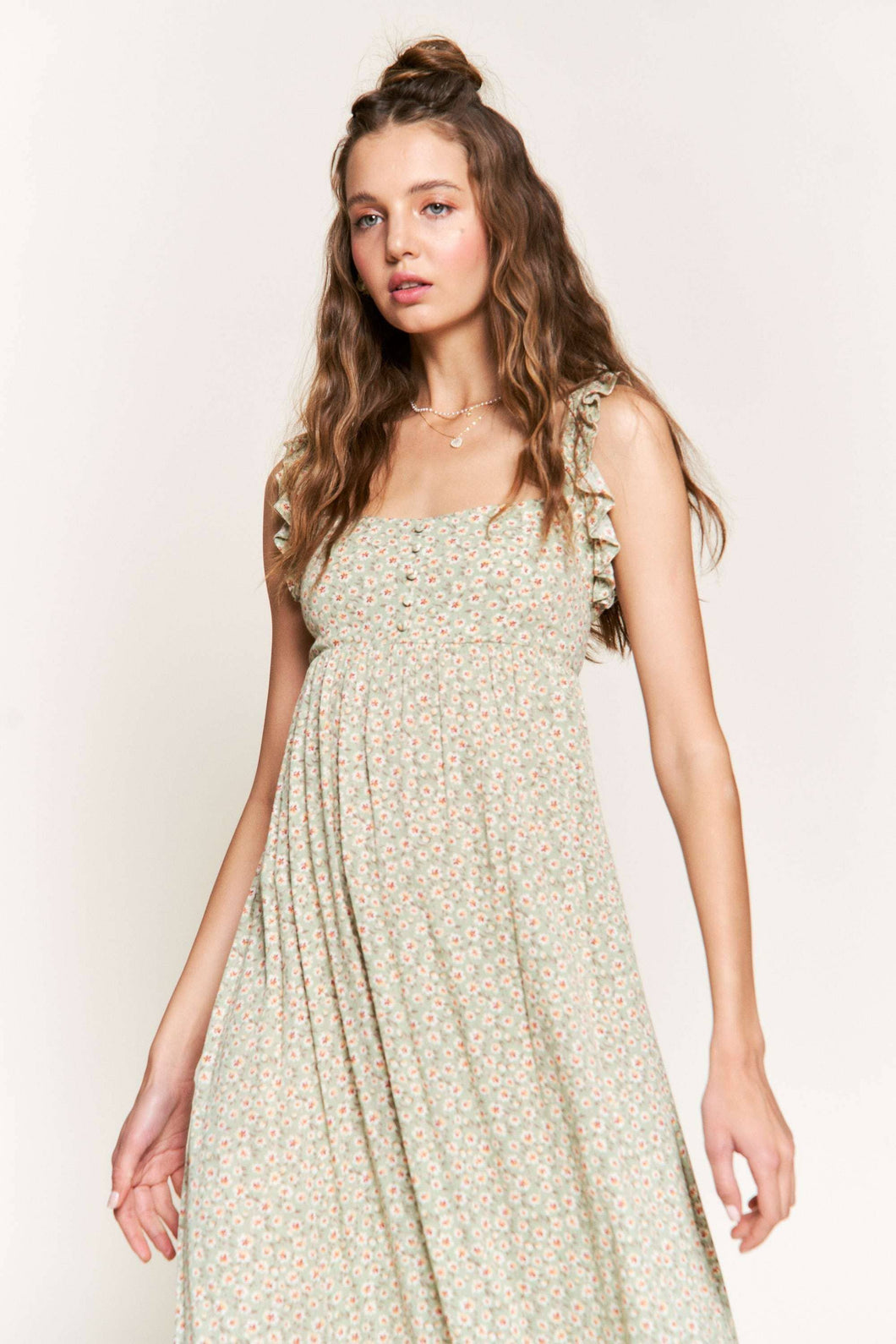 Sage Floral Midi Dress With Ruffle