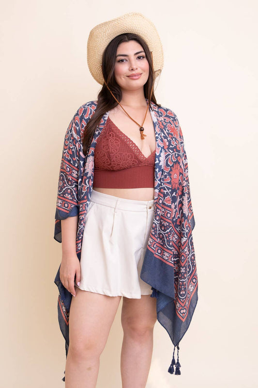 Blue - YSK-4037-EMD Touch of Morroco Tapestry Tassel Kimono