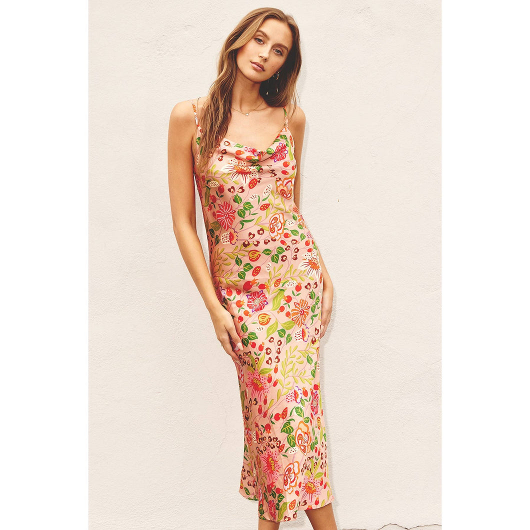 FD5779-P1252 Floral Satin Cowl Neck Midi Dress