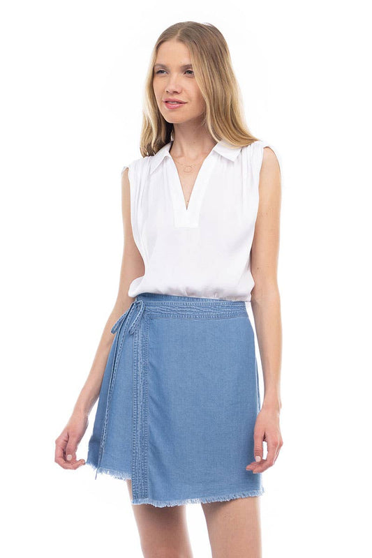 TENCEL™ Asymmetrical Wrap Skirt With Fray Hem - ES119171: Vintage Blue