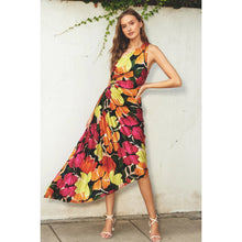 Load image into Gallery viewer, Euphoria Asymmetrical Pleated Maxi Dress: FUCHSIA FLORAL
