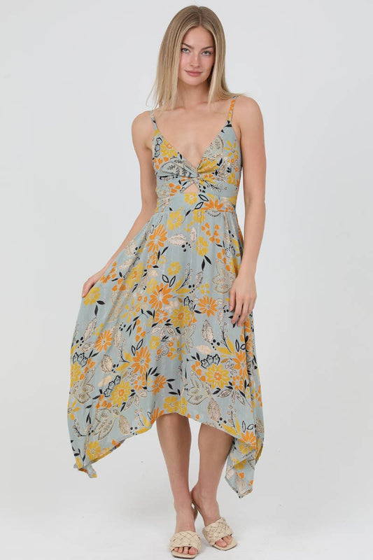 C4921-A867 HANKY HEM MAXI DRESS WITH TWIST FRONT CUTOUT